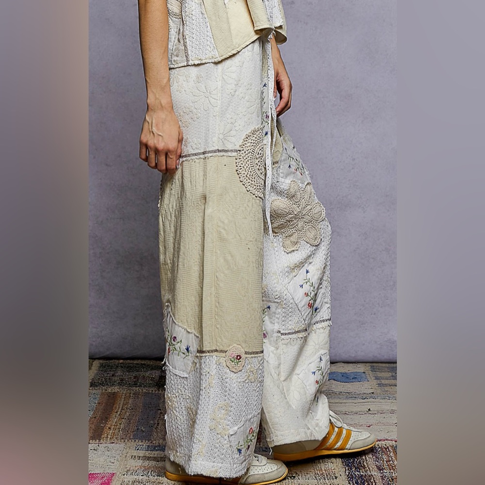 Pol Solid Lace Patch Detail Woven Pants Bohemian Patchwork View 4